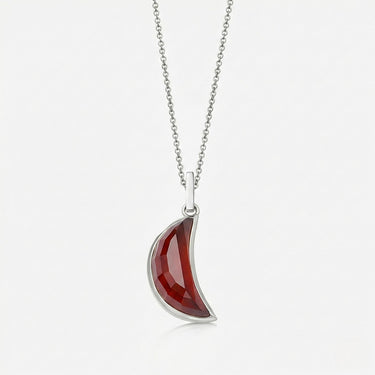 RED GARNET  CRESCENT PENDANT NECKLACE SILVER (LARGE)