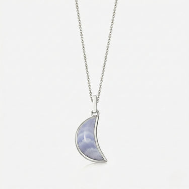 BLUE LACE AGATE CRESCENT PENDANT NECKLACE SILVER (CABOCHON)