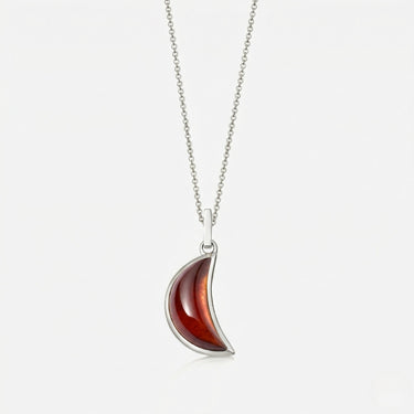 RED GARNET CRESCENT PENDANT NECKLACE SILVER (CABOCHON)