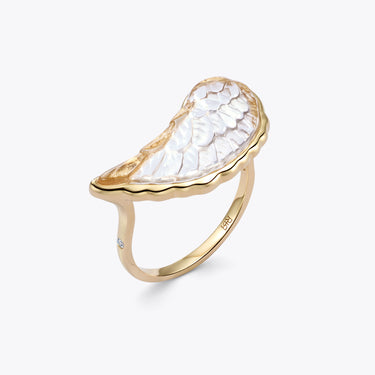 CLEAR QUARTZ ANGEL WING RING WITH DIAMOND (GOLD)