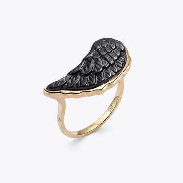 BLACK ONYX ANGEL WING RING WITH DIAMOND (GOLD)